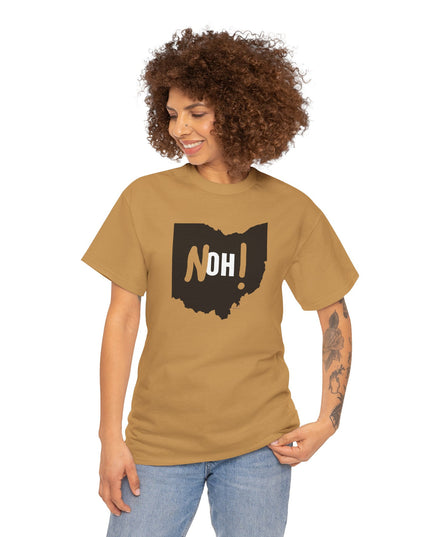 Woman wearing tan Michigan No Ohio t-shirt with black Ohio state outline and 'NOH!' text.