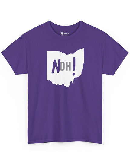 Purple Michigan No Ohio t-shirt with black Ohio state outline and 'NOH!' text.
