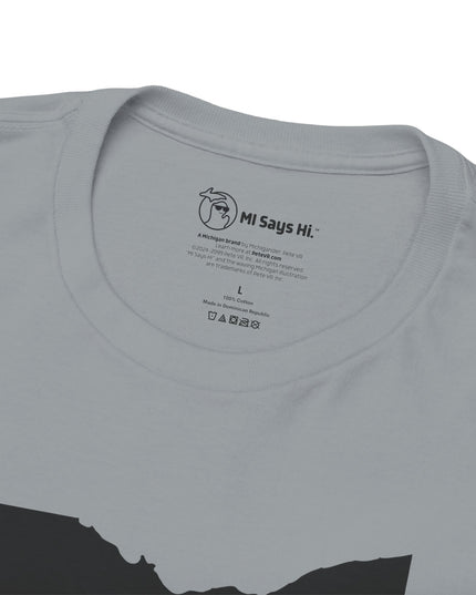 Neck tag of gray Michigan No Ohio t-shirt with black Ohio state outline and 'NOH!' text.