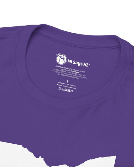 Neck tag of purple Michigan No Ohio t-shirt with black Ohio state outline and 'NOH!' text.