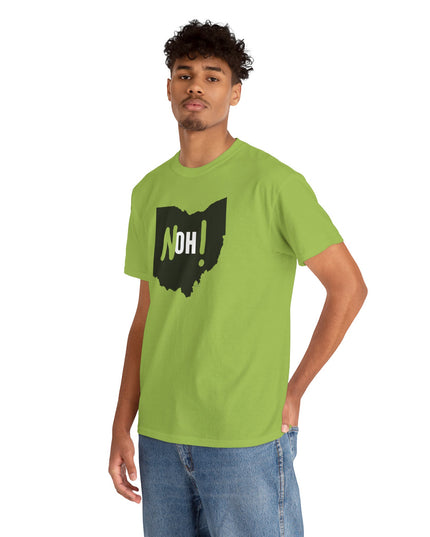 Man wearing a green Michigan No Ohio t-shirt with black Ohio state outline and 'NOH!' text.