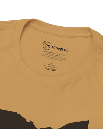 Neck tag of tan Michigan No Ohio t-shirt with black Ohio state outline and 'NOH!' text.