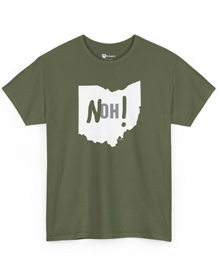 Drab green Michigan No Ohio t-shirt with black Ohio state outline and 'NOH!' text.