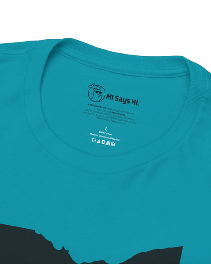 Neck tag of teal Michigan No Ohio t-shirt with black Ohio state outline and 'NOH!' text.