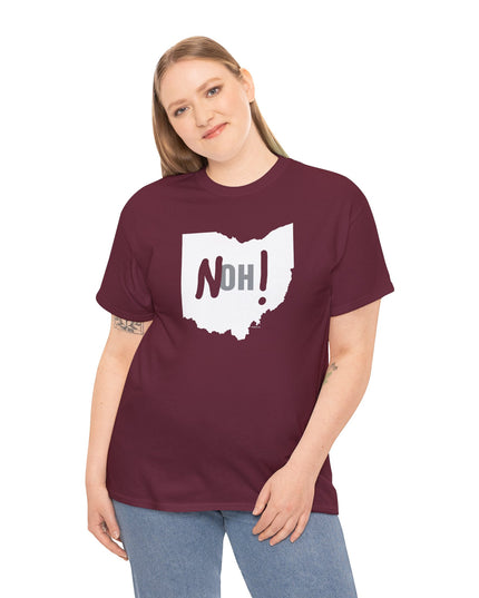 Woman wearing maroon Michigan No Ohio t-shirt with black Ohio state outline and 'NOH!' text.