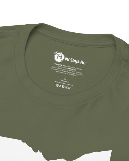 Neck tag of drab green Michigan No Ohio t-shirt with black Ohio state outline and 'NOH!' text.