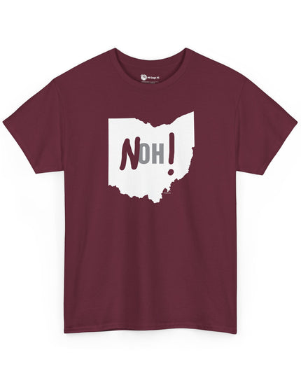 Maroon Michigan No Ohio t-shirt with black Ohio state outline and 'NOH!' text.