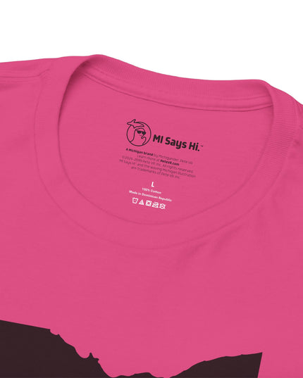 Neck label of hot pink Michigan No Ohio t-shirt with black Ohio state outline and 'NOH!' text.
