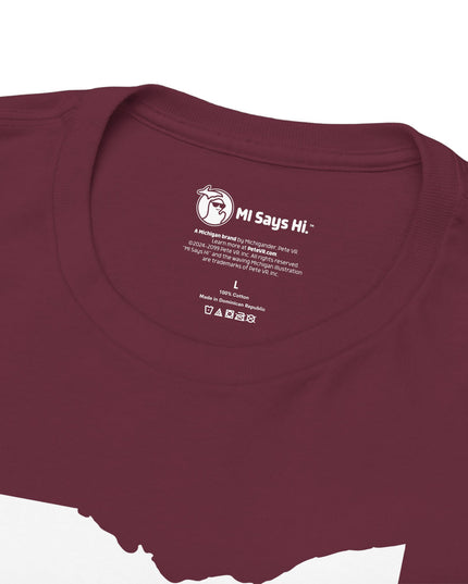 Neck tag of maroon Michigan No Ohio t-shirt with black Ohio state outline and 'NOH!' text.