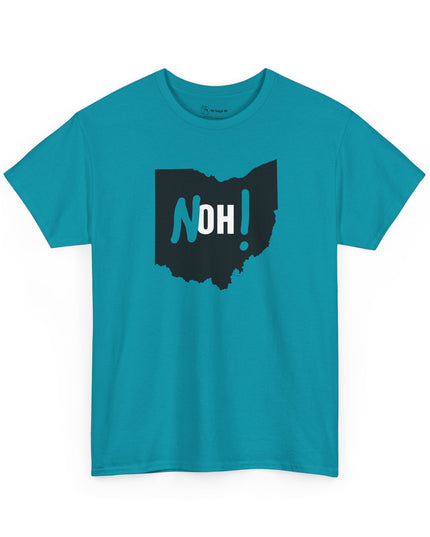 Teal Michigan No Ohio t-shirt with black Ohio state outline and 'NOH!' text.