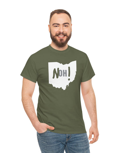 Man wearing drab green Michigan No Ohio t-shirt with black Ohio state outline and 'NOH!' text.