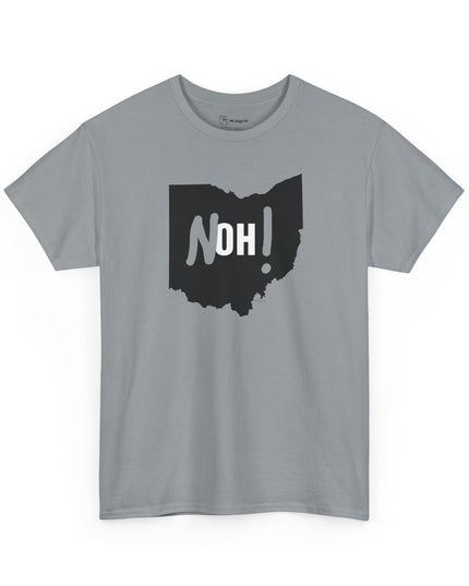 Gray Michigan No Ohio t-shirt with black Ohio state outline and 'NOH!' text.