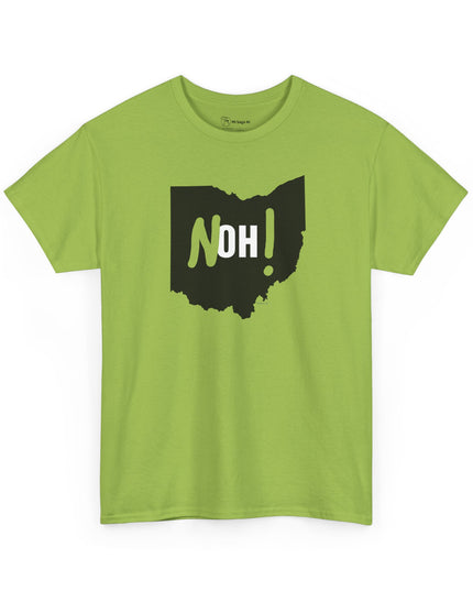 Green Michigan No Ohio t-shirt with black Ohio state outline and 'NOH!' text.