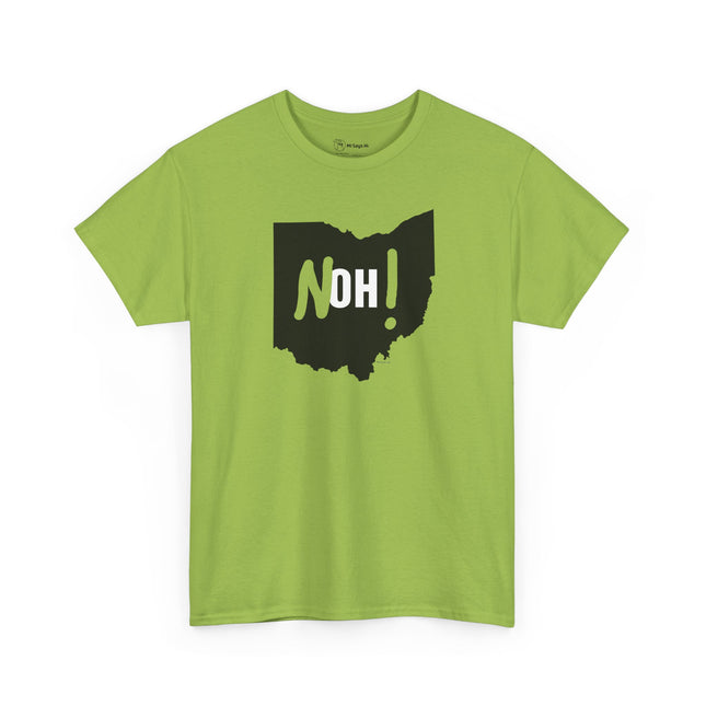 Green Michigan No Ohio t-shirt with black Ohio state outline and 'NOH!' text.