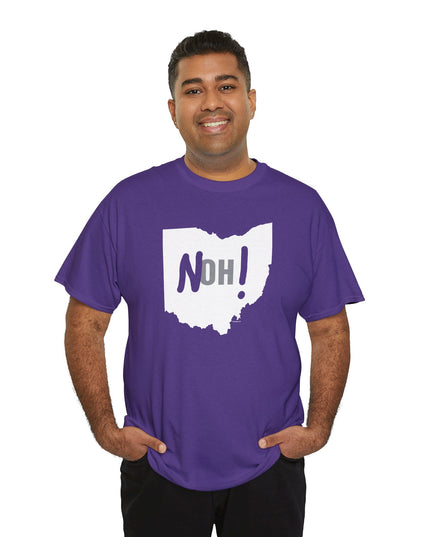Man wearing purple Michigan No Ohio t-shirt with black Ohio state outline and 'NOH!' text.
