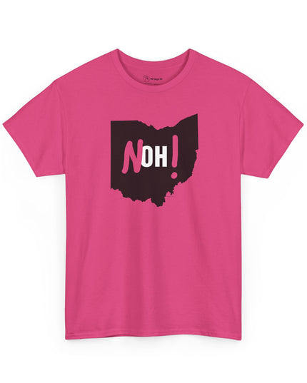 Hot pink Michigan No Ohio t-shirt with black Ohio state outline and 'NOH!' text.