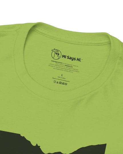 Neck tag closeup of green Michigan No Ohio t-shirt with black Ohio state outline and 'NOH!' text.