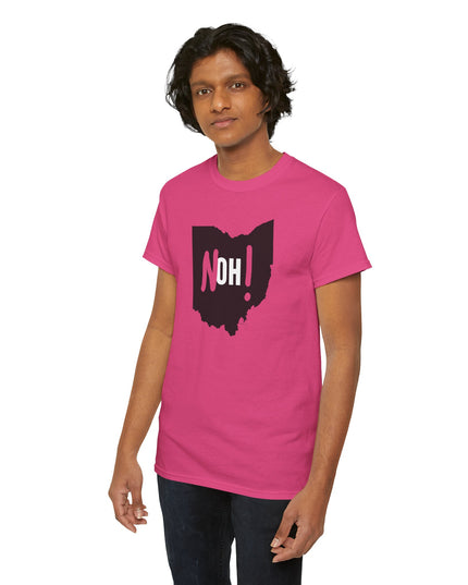 Man wearing hot pink Michigan No Ohio t-shirt with black Ohio state outline and 'NOH!' text.