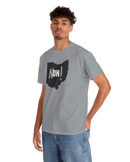 Man wearing gray Michigan No Ohio t-shirt with black Ohio state outline and 'NOH!' text.