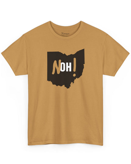 Tan Michigan No Ohio t-shirt with black Ohio state outline and 'NOH!' text.