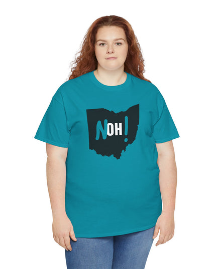 Woman wearing teal Michigan No Ohio t-shirt with black Ohio state outline and 'NOH!' text.