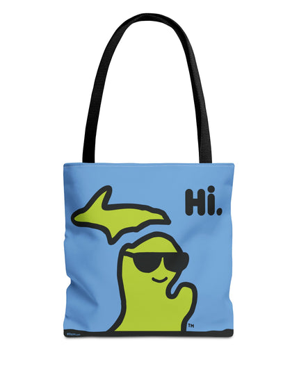 Michigan tote bag with a green Michigan-shaped character wearing sunglasses and smiling and saying "Hi" on a blue background.
