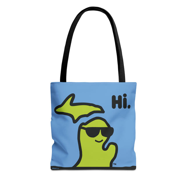 Michigan tote bag with a green Michigan-shaped character wearing sunglasses and smiling and saying "Hi" on a blue background.