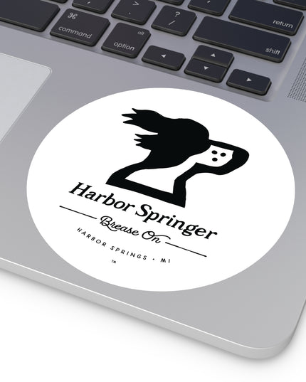 Extra large round laptop sticker of Michigan brand Harbor Springer springer spaniel dog logo with Brease On tagline.