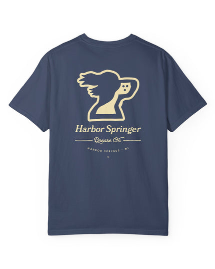 Dark blue t-shirt by the Harbor Springer brand with a springer spaniel dog logo and Brease On tagline on the back.