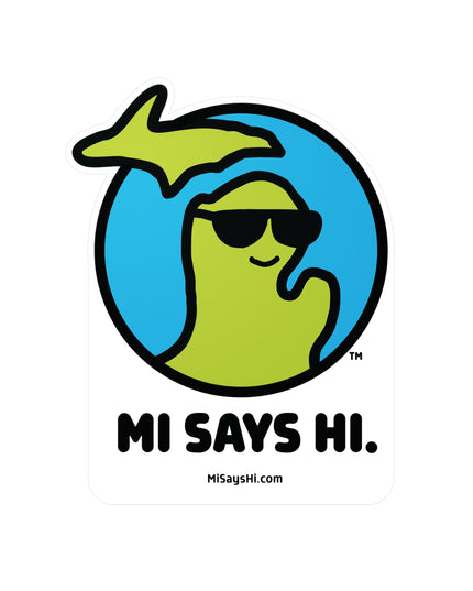 Extra large vinyl sticker with waving Michigan logo wearing sunglasses.