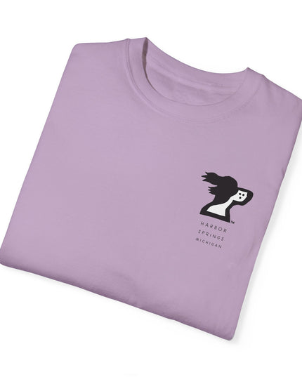Purple color t-shirt by the Harbor Springer brand with a springer spaniel dog logo and Harbor Springs Michigan text.