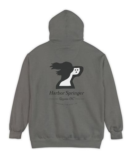 Gray color hoodie by the Harbor Springer brand with a springer spaniel dog logo and Brease On tagline on the back.