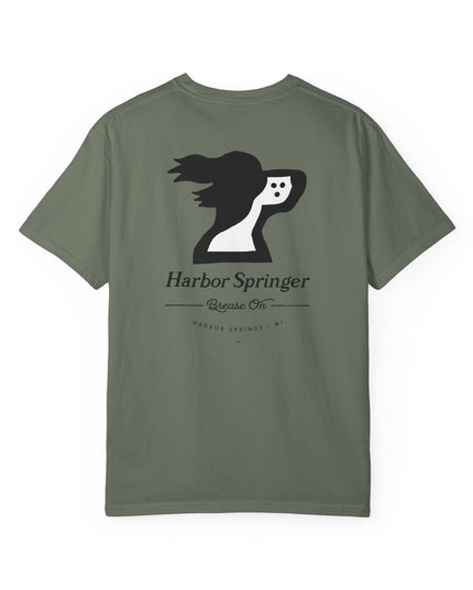Green color t-shirt by the Harbor Springer brand with a springer spaniel dog logo and Brease On tagline on the back.