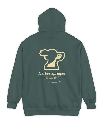 Green color hoodie by the Harbor Springer brand with a springer spaniel dog logo and Brease On tagline on the back.
