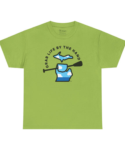 Green Michigan tee for people who like to kayak, canoe or paddleboard, showing the state of Michigan grabbing a paddle with the headline Grab Life by the Hand™.