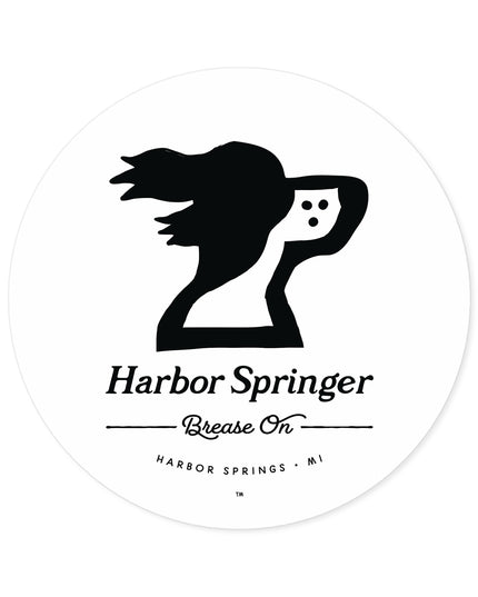 Jumbo round sticker of Michigan brand Harbor Springer springer spaniel dog logo with Brease On tagline.