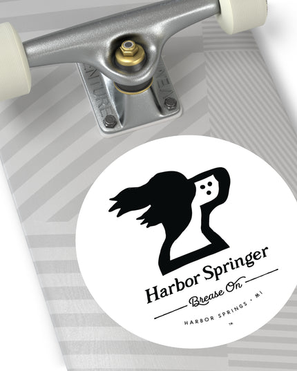 Jumbo round skateboard sticker of Michigan brand Harbor Springer springer spaniel dog logo with Brease On tagline.