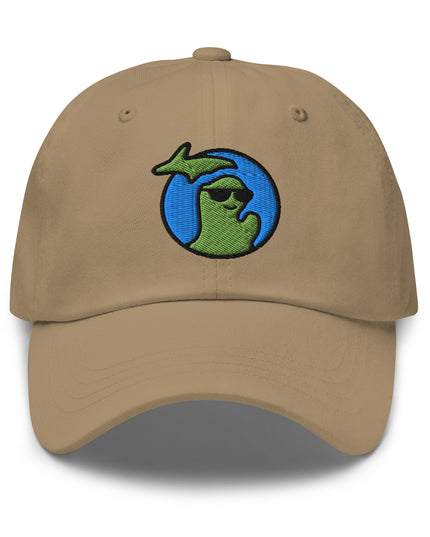 Michigan logo of the state waving and wearing sunglasses embroidered on a tan hat with adjustable strap.
