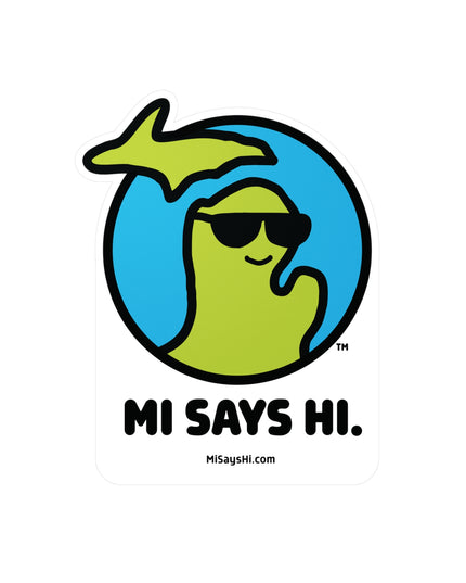 Large vinyl sticker with waving Michigan logo wearing sunglasses.