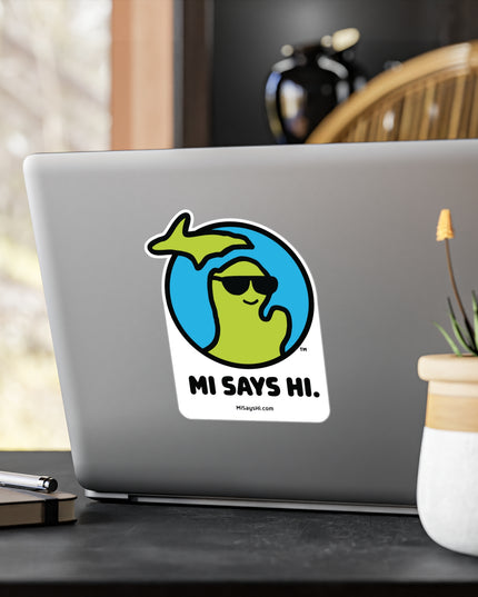 Large vinyl laptop sticker with waving Michigan logo wearing sunglasses.