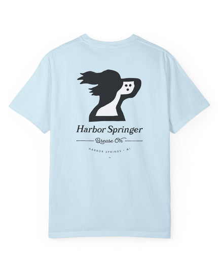 Light blue t-shirt by the Harbor Springer brand with a springer spaniel dog logo and Brease On tagline on the back.