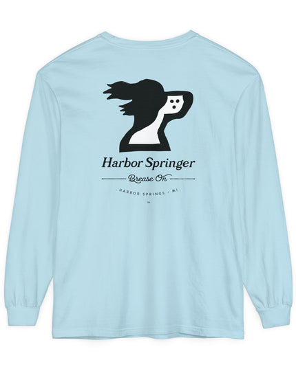 Light blue color long sleeve t-shirt by the Harbor Springer brand with a springer spaniel dog logo and Brease On tagline on the back.