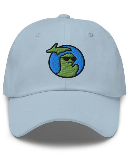 Michigan logo of the state waving and wearing sunglasses embroidered on a light blue hat with adjustable strap.