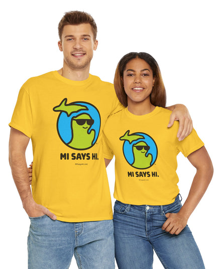Couple wearing yellow cotton t-shirts with a waving Michigan logo wearing sunglasses and smiling.