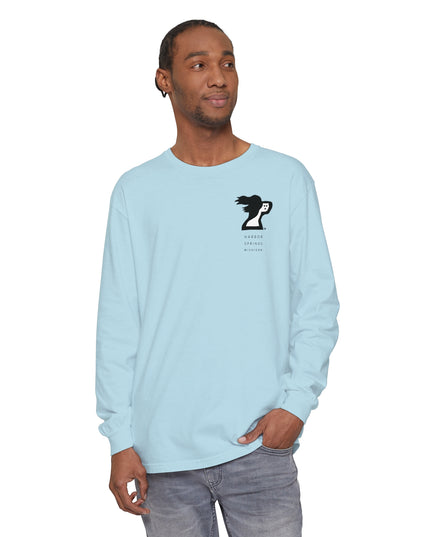 Man wearing a light blue long sleeve t-shirt by the Harbor Springer brand with a springer spaniel dog logo and Harbor Springs Michigan text.