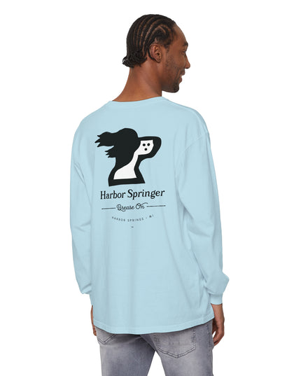 Man wearing light blue color long sleeve t-shirt by the Harbor Springer brand with a springer spaniel dog logo and Brease On tagline on the back.