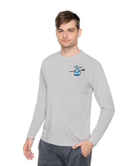 Man wearing a Michigan moisture-wicking long sleeve t-shirt in gray color for kayaking, canoeing and paddleboarding with Grab Life by the Hand™ design.