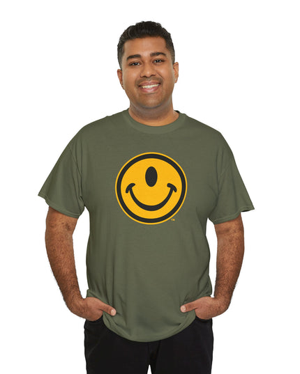Man wearing a one-eyed smiling face army green t-shirt design by the Smileclops brand.