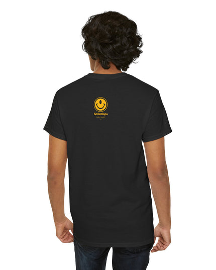 Man wearing a one-eyed smiling face black t-shirt, back design view by the Smileclops brand.