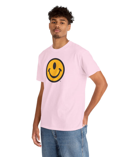 Man sporting a one-eyed smiling face pink t-shirt back, design by the Smileclops brand.